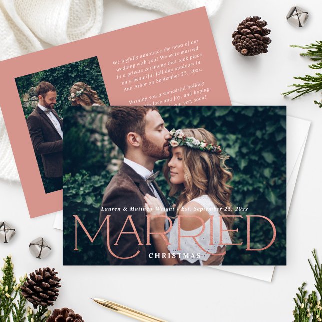 Married Christmas Elegant Rose Gold Wedding Photo Holiday Card (Creator Uploaded)