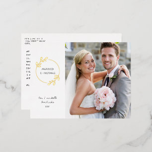 Married Christmas Gold Foil Wreath Photo Holiday Postcard