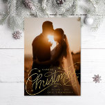 Married Christmas Hand-Lettering Photo<br><div class="desc">Original hand-lettering over full bleed photo and stars; backer colour is editable or add more photos and text.</div>