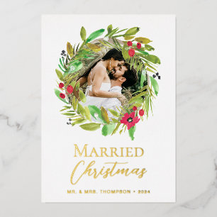 Married Christmas Newlywed Photo Foil Wreath
