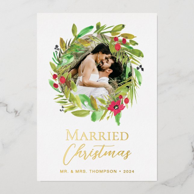 Married Christmas Newlywed Photo Foil Wreath (Front)