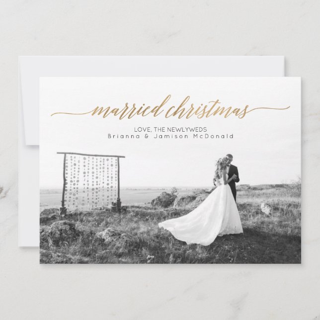 Married Christmas Newlywed Photo | Gold Holiday Card (Front)