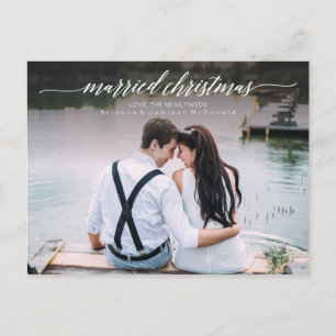 Married Christmas Newlywed Photo White Script Holiday Postcard