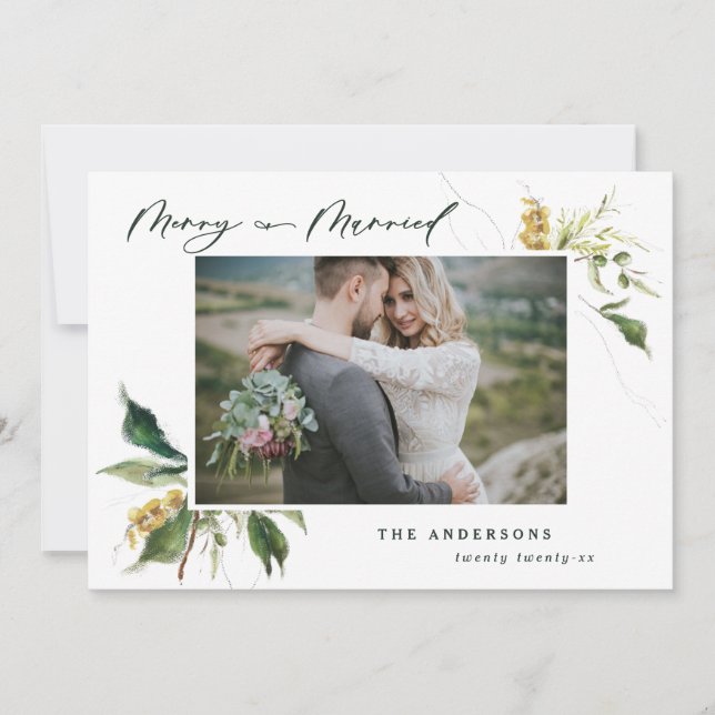 Married Christmas painted floral photo holiday Card (Front)