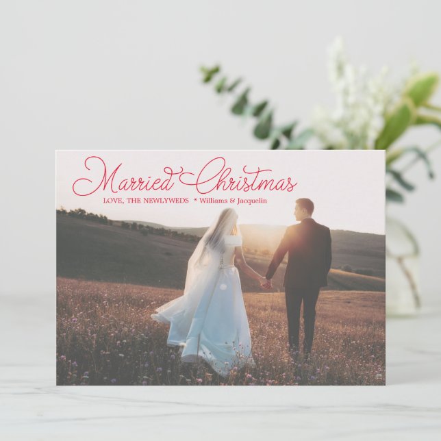 Married Christmas Red Script Calligraphy Newlywed Holiday Card (Standing Front)