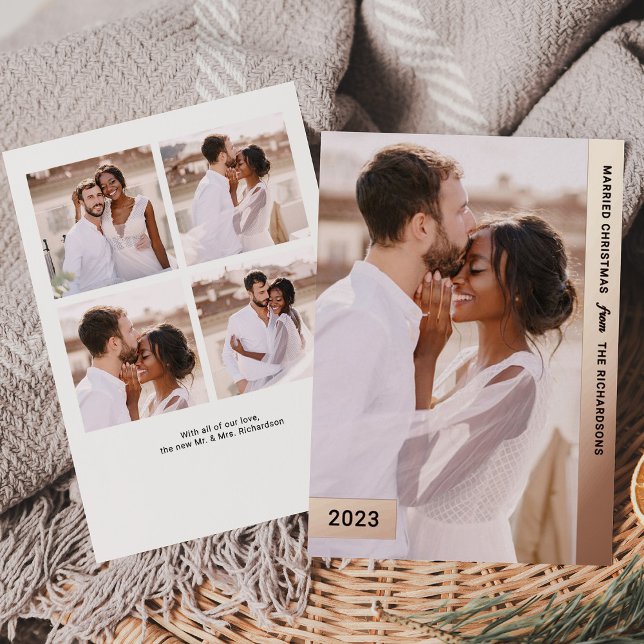 Married Christmas | Rose Gold Newlywed Multi Photo (An elegant, rose gold foil holiday multi photo card for your first married Christmas)