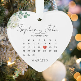 Married Christmas Wedding Date Heart Script Ornament