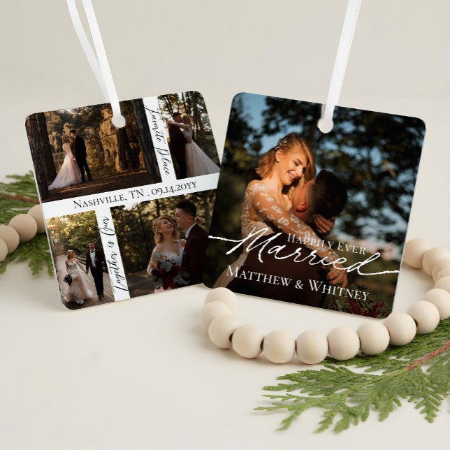 Married Couple 1st Christmas Elegant Photo Collage Metal Tree Decoration (Married Couple 1st Christmas Elegant Photo Collage Metal Ornament)