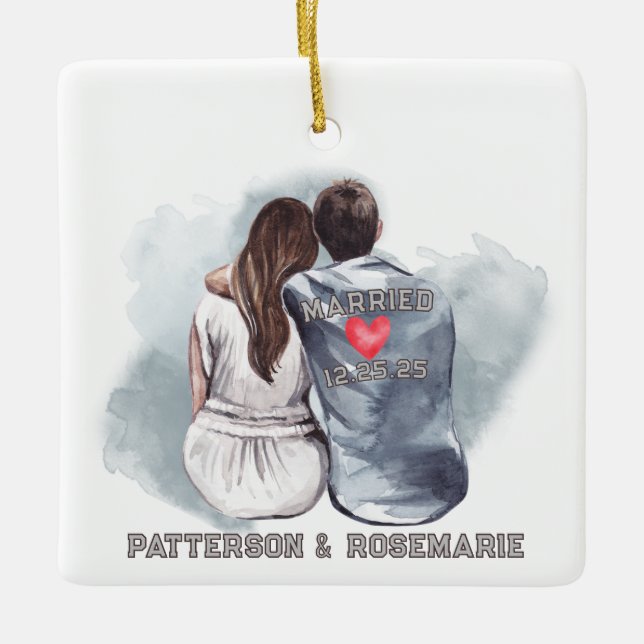 Married Couple Cuddling - Romantic Back View Ceramic Ornament (Front)