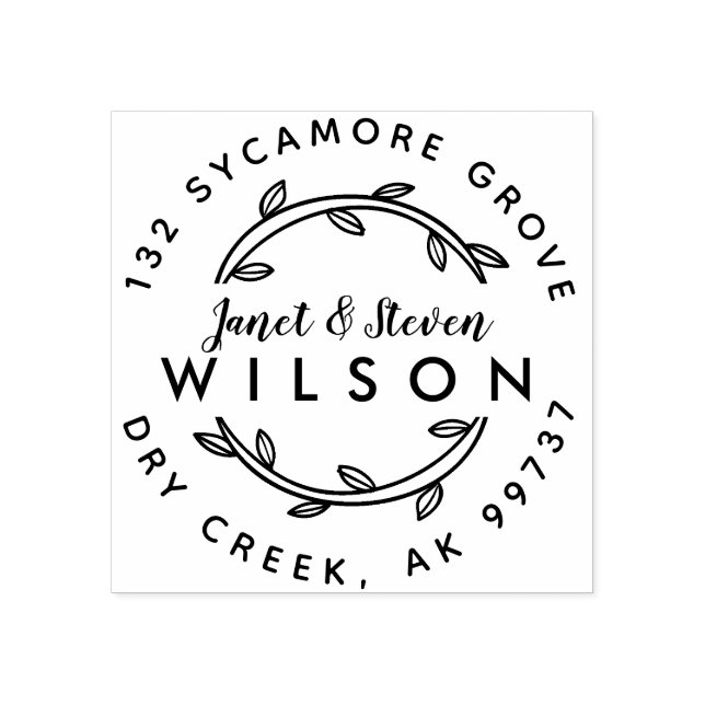 Married Couple Full Names Hand Drawn Wreath Rubber Stamp (Imprint)