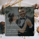 Married Couple Photo Christmas Ceramic Ornament<br><div class="desc">Married newlyweds christmas ornament featuring a photo of the couple with a dark black overlay,  your names,  and a modern marriage love quote.</div>