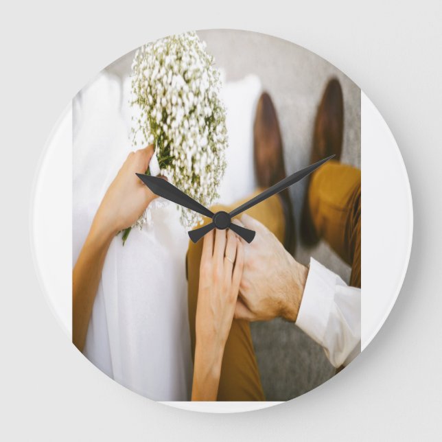 Married couple shak hands  large clock (Front)