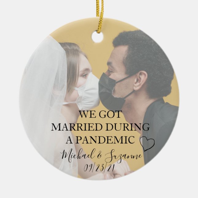 Married During a Pandemic Covid Bride Groom Photo Ceramic Tree Decoration (Front)
