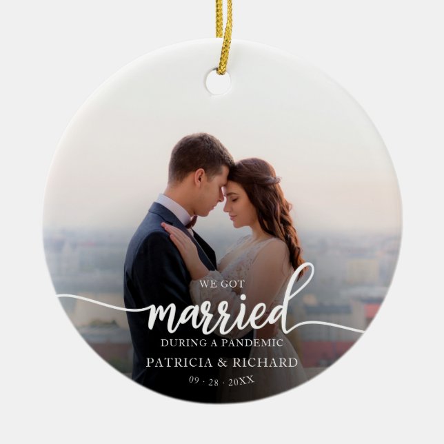 Married During a Pandemic Photo Elegant Script Ceramic Tree Decoration (Front)