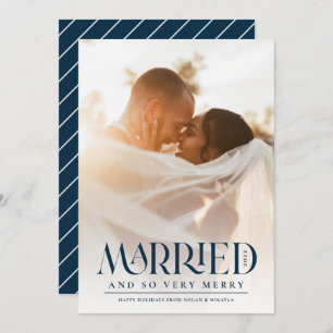 Married Elegant Navy Typography Photo Christmas  Holiday Card