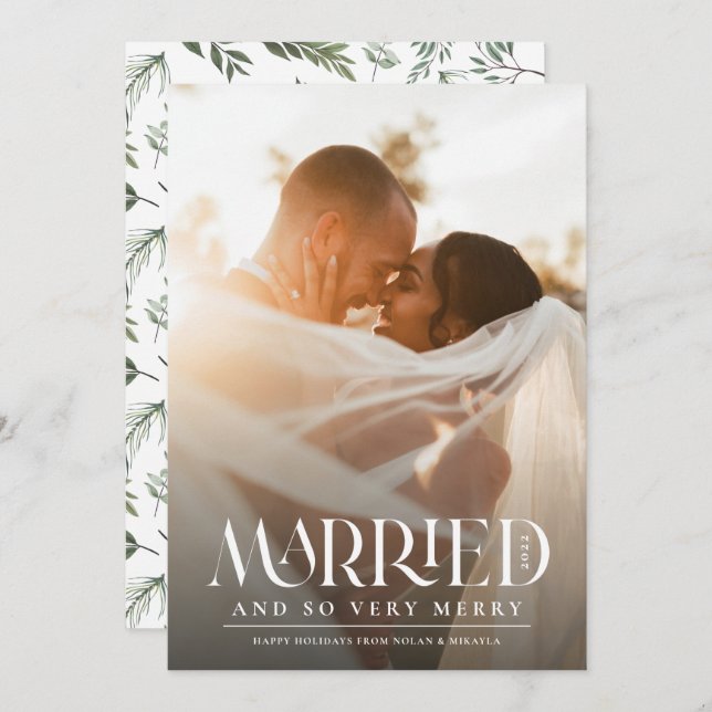 Married Elegant White Typography Photo Christmas Holiday Card (Front/Back)