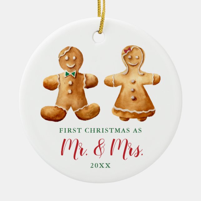 Married Gingerbread Couple Personalised Christmas Ceramic Tree Decoration (Front)