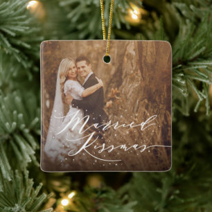 Married Kissmas Mr And Mrs Holiday Wedding Photo Ceramic Ornament