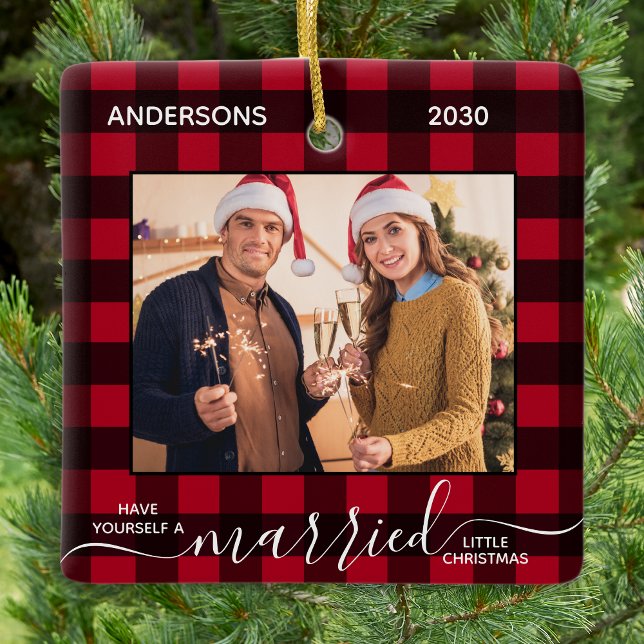 Married Little Christmas Red Plaid Newlywed Photo Ceramic Ornament (Creator Uploaded)