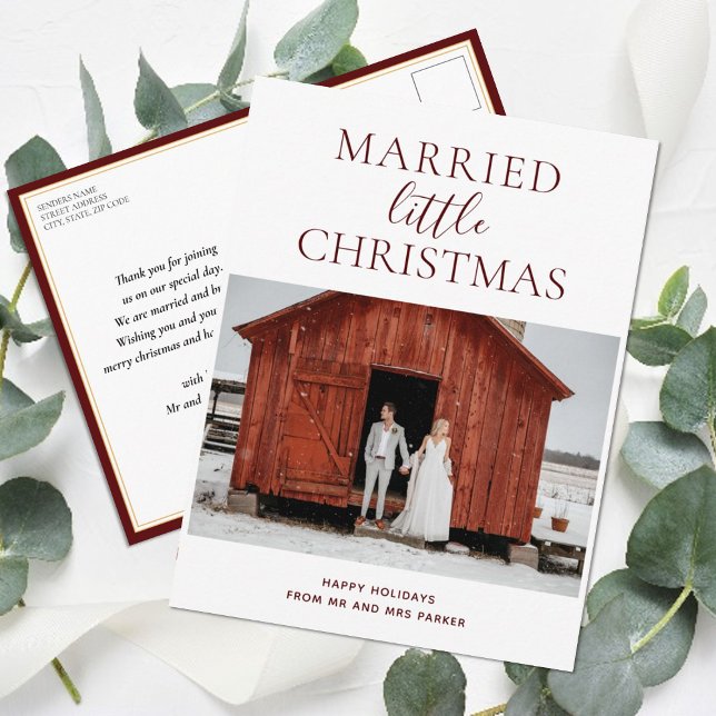 Married Little Christmas Red Script Modern Photo Holiday Postcard (Creator Uploaded)