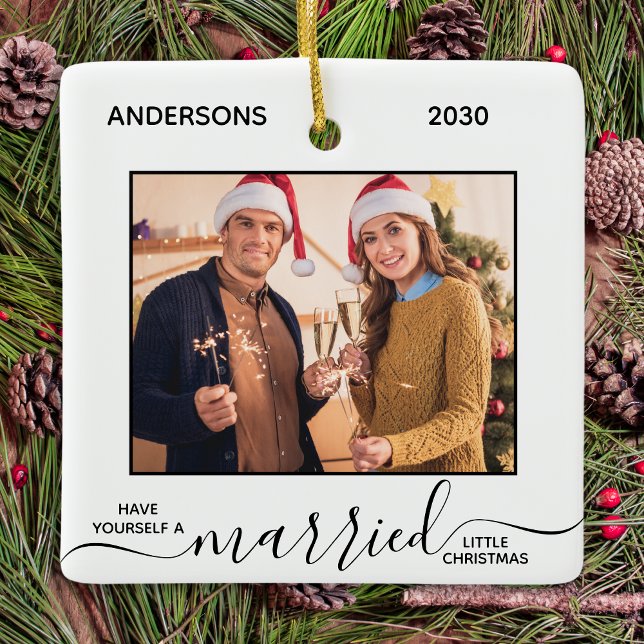 Married Little Christmas Simple Newlyweds Photo Ceramic Ornament (Creator Uploaded)