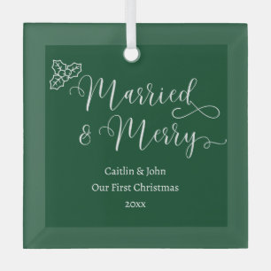 Married Merry 1st Christmas Newlywed Custom Green Glass Tree Decoration