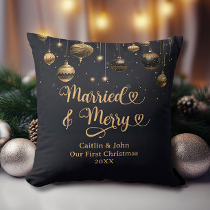 Married Merry 1st Christmas Newlywed Gold Black Cushion