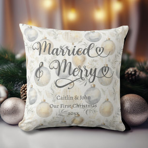 Married Merry 1st Christmas Newlywed Gold Ornament Cushion