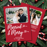 Married Merry 1st Christmas Newlywed Photo Red Holiday Card<br><div class="desc">Married and Merry Our First Christmas 2-photo greeting card in Christmas red is the perfect way to celebrate a newlywed couple's first Christmas, with its clean and modern font with hearts and classic holiday colours, as well as a personalised message on the back. The playful "Married and Merry" message is...</div>