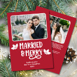 Married Merry 1st Christmas Newlywed Photo Red Holiday Card<br><div class="desc">Married and Merry Our First Christmas 2-photo greeting card in Christmas red is the perfect way to celebrate a newlywed couple's first Christmas, with its clean and modern font with holly leaves and berries as well as a personalised message on the back. The playful "Married and Merry" message is a...</div>