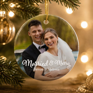 Married & Merry 1st First Christmas Photo Overlay Ceramic Tree Decoration