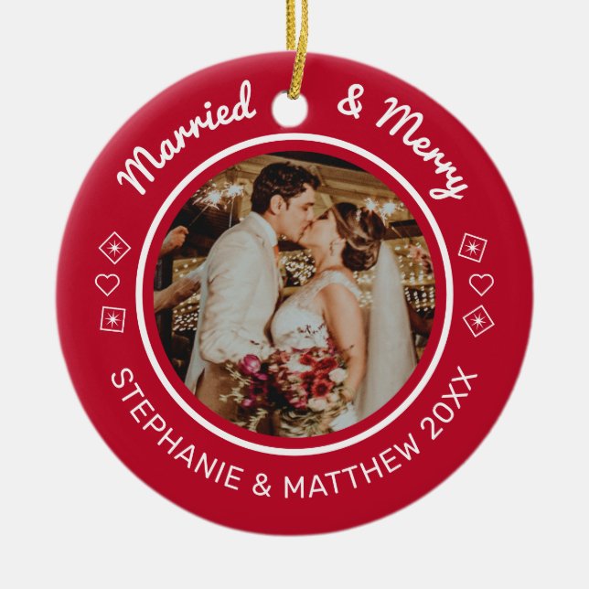Married & Merry 2 Photo Modern Red Ceramic Tree Decoration (Front)
