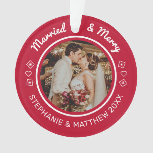 Married & Merry 2 Photo Modern Red Ornament