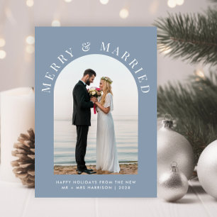 Married Merry Arch Photo Dusty Blue Christmas Holiday Card