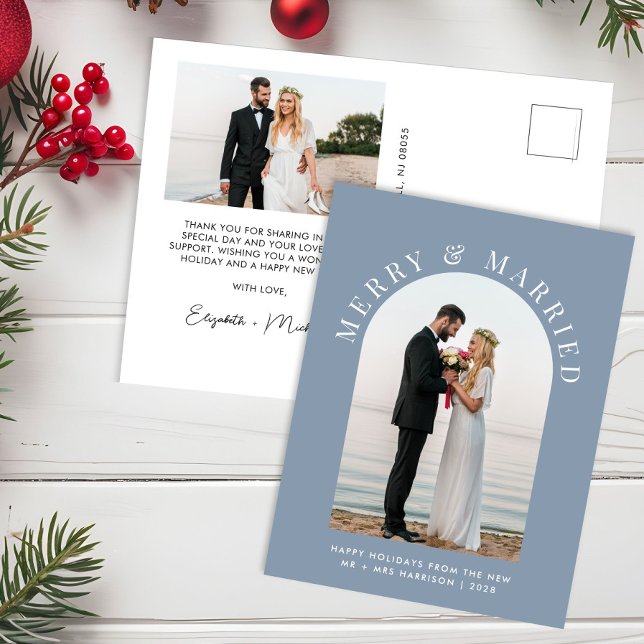 Married Merry Arch Photo Dusty Blue Christmas Holiday Postcard (Creator Uploaded)