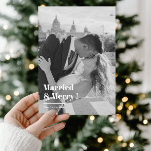 Married & Merry Black & White Christmas Photo  Holiday Card