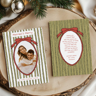 Married & Merry Bow Green Stripes Photo Christmas Holiday Card