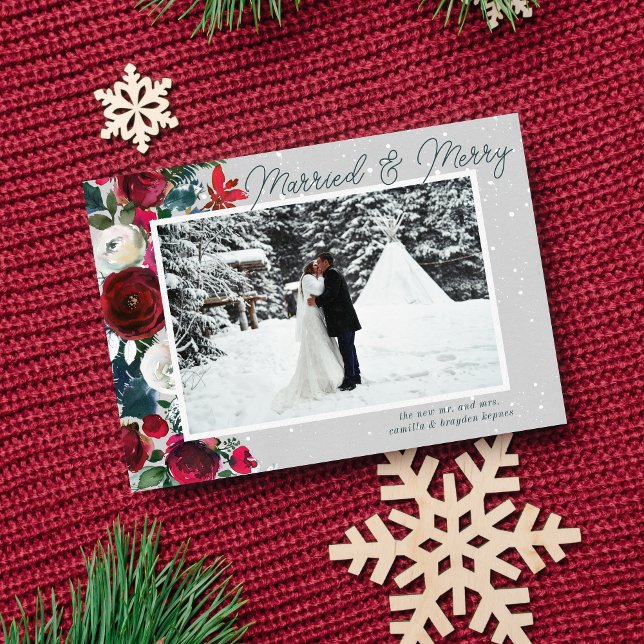 Married Merry Christmas Holiday Floral Photo Card (Creator Uploaded)