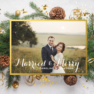 Married & Merry Christmas Holiday Photo Gold Frame
