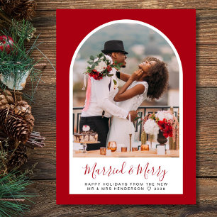 Married Merry Christmas Photo Arched Frame Red Holiday Card
