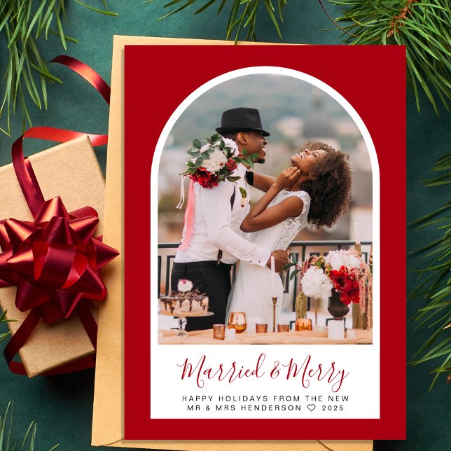 Married Merry Christmas Photo Arched Frame Red Holiday Card (A beautiful & unique way to announce your marriage to family and friends this holiday season)