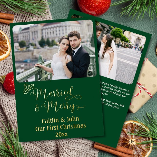 Married Merry Custom Newlyweds 1st Christmas Green (Married & Merry, Our 1st Christmas together custom gold foil card with 2 photos and custom text.)