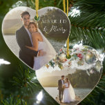 Married & Merry Double Sided Heart Wedding Photo Ceramic Tree Decoration<br><div class="desc">Married and Merry photo ornament - perfect for newlyweds first christmas married or for any happily married couple! The photo template is set up for you to add a wedding photo on each side. One side has an elegant text overlay which reads "married & merry" and the other side as...</div>