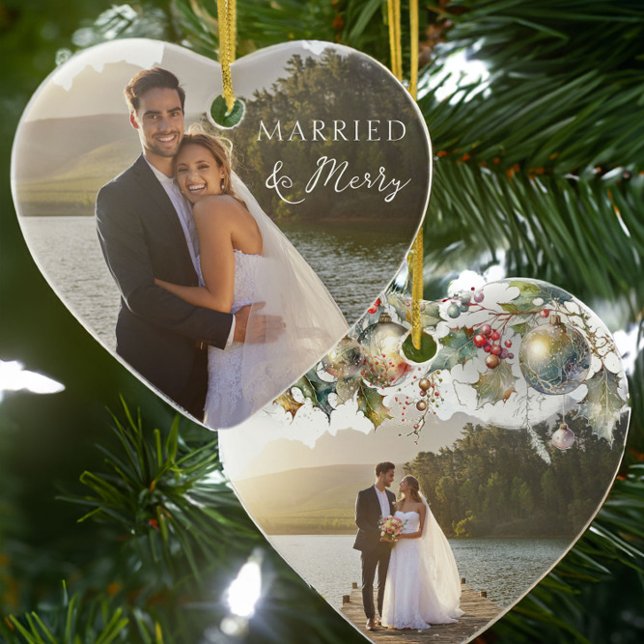 Married & Merry Double Sided Heart Wedding Photo Ceramic Tree Decoration (Married and Merry wedding photo holiday heart ornament by Darling & May)