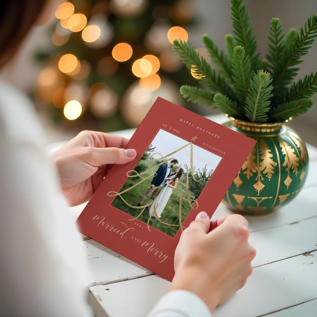 Married & Merry Elegant Gold Christmas Tree Photo Holiday Card (Married & Merry Elegant Gold Christmas Tree Photo Holiday Card)