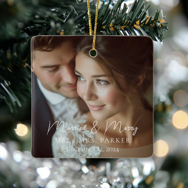 Married & Merry!  Elegant, Simpel, Photo Ceramic Ornament (Married & Merry! Elegant, Simpel, Photo Ceramic Ornament)