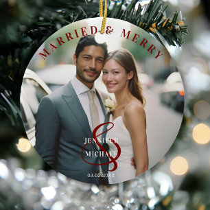 Married & Merry! Elegant, Simpel, Photo Ceramic Tree Decoration