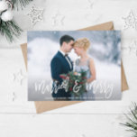 MARRIED & MERRY | elegant wedding announcement Postcard<br><div class="desc">photo overlay design with a photo of the bride and groom and elegant white brush typography. The text and colours can be personalised.</div>