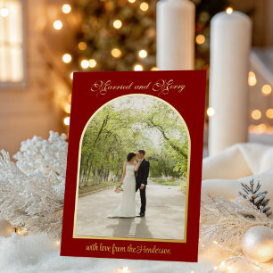 Married & Merry Gold Arch Christmas Holiday Photo