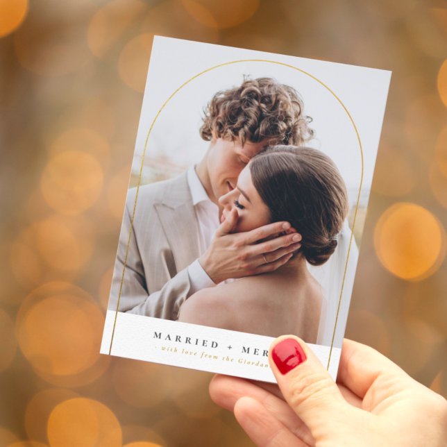 Married & Merry Gold Arch Christmas Holiday Photo Card (Creator Uploaded)